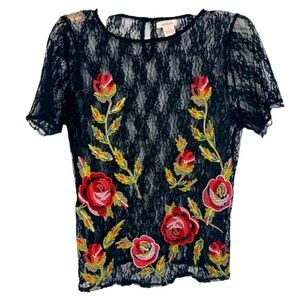 Sundance Black Lace Blouse with Red and Green Floral Embroidery